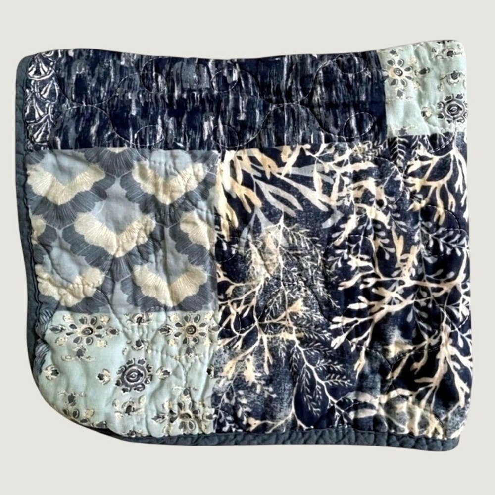 Coastal Living Patchwork Quilted Standard Size Pillow Sham Blue Cream Cottage